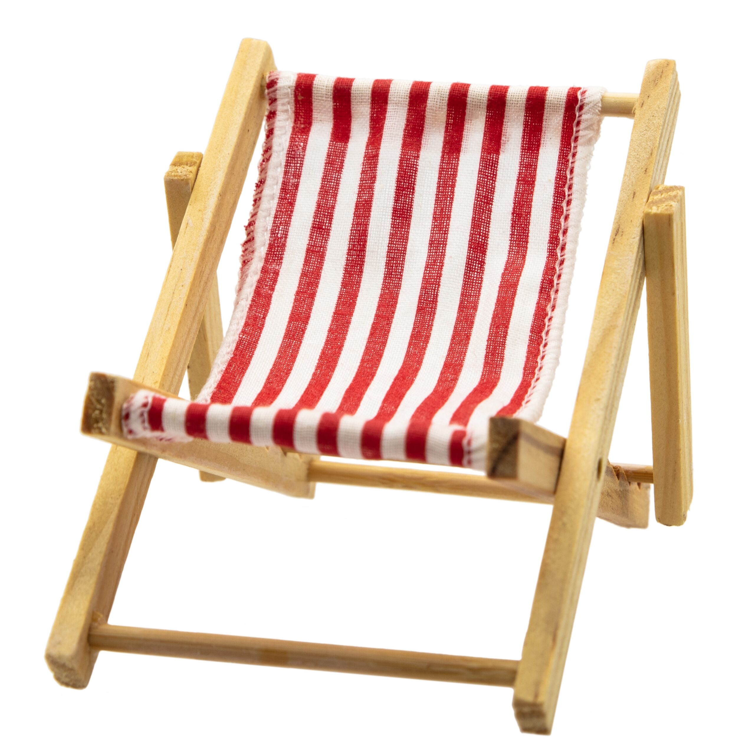 A,Wooden,Miniature,Deck,Chair,With,Red,And,White,Reclining